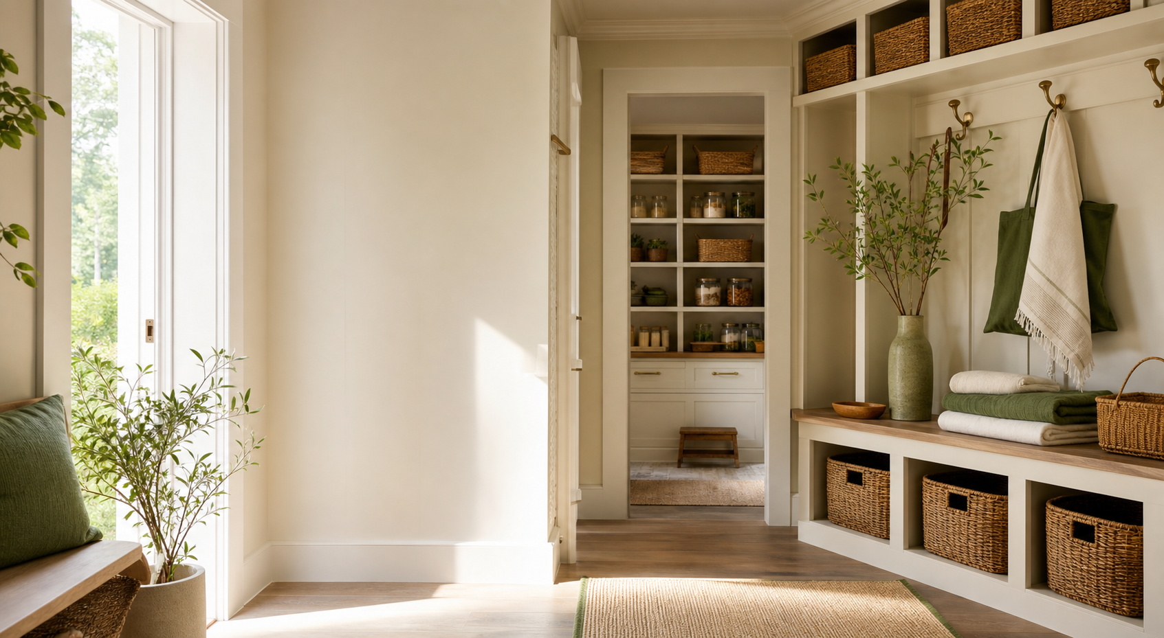 A calm, organized home storage area with cream textiles, baskets, and emerald accents.
